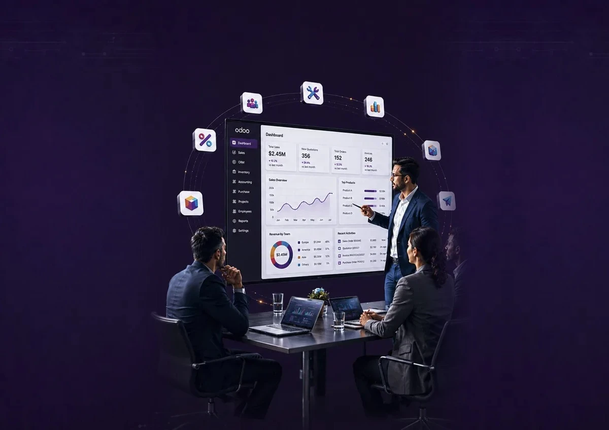 WCG consultant presenting an Odoo dashboard to a client team